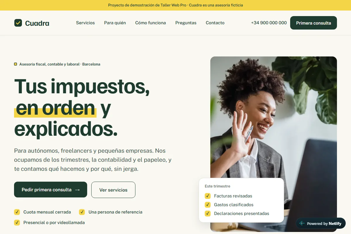 Vista de la web de demostración Cuadra